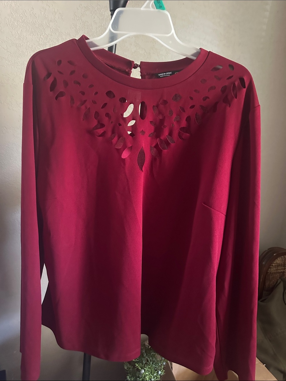 SHEIN Burgundy Laser-Cut Yoke Long Sleeve Top